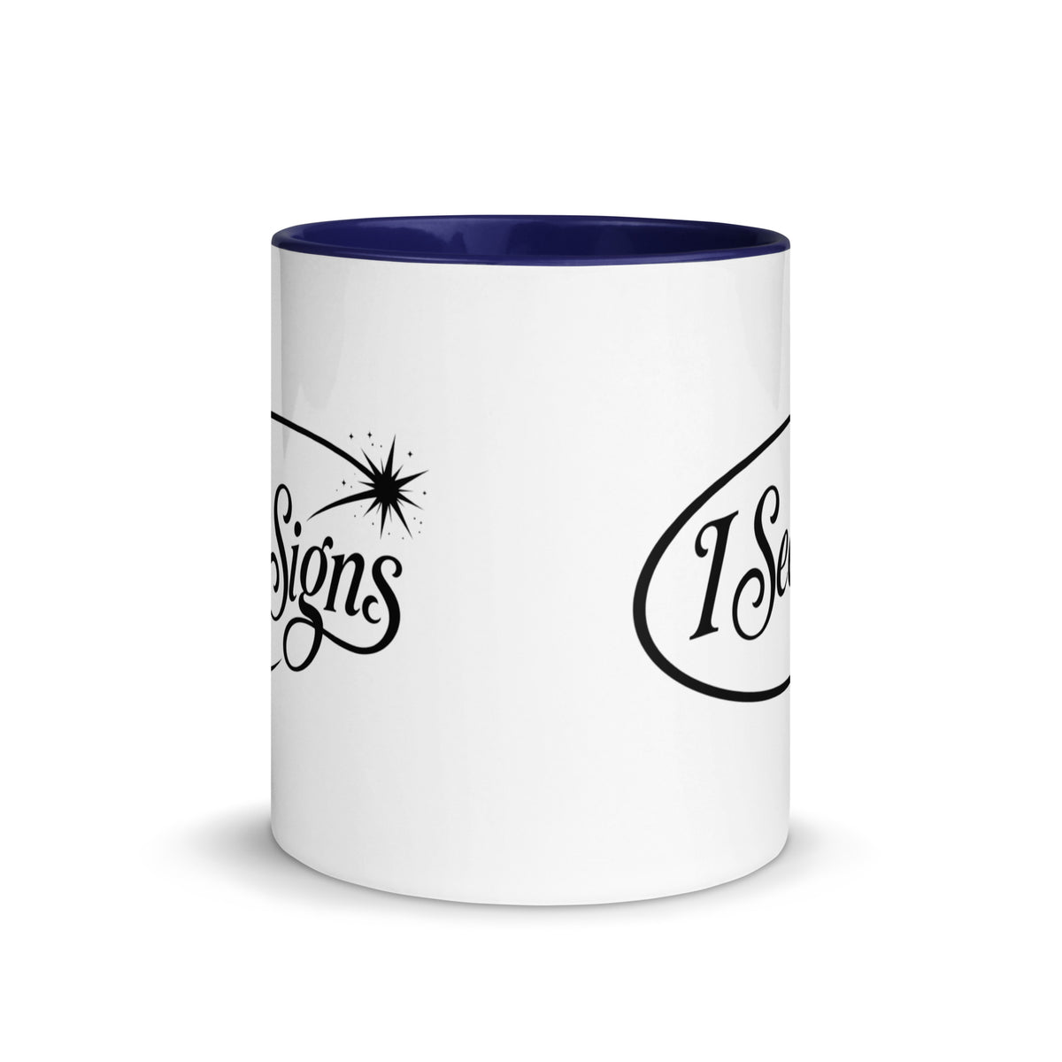 I See Signs design, the words set in black script inside a thin oval with a four-pointed star, on a white ceramic mug with a dark blue interior, 11 oz, front view