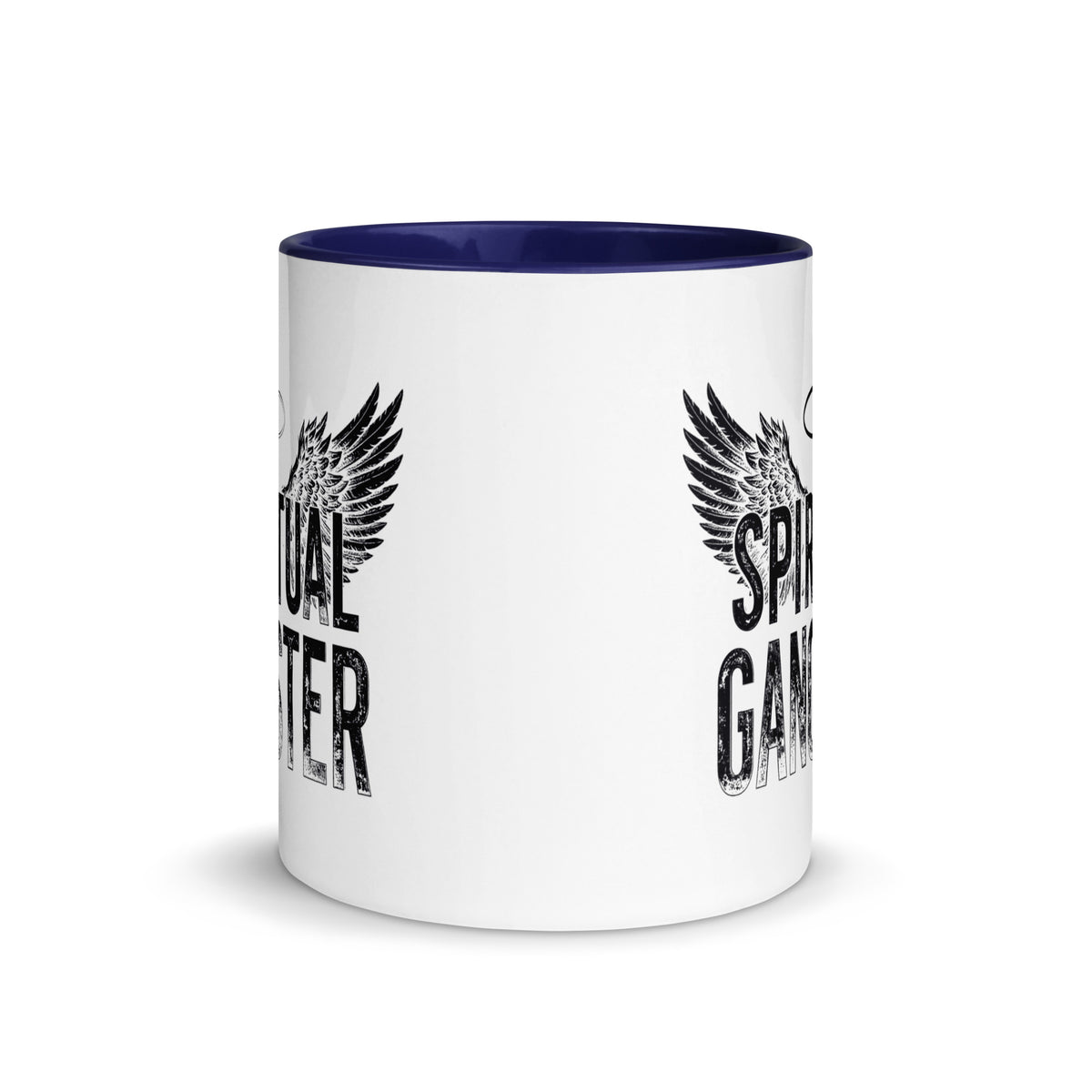 Spiritual Gangster design with angel wings and a halo, on a white ceramic mug with a dark blue interior, 11 oz, front view
