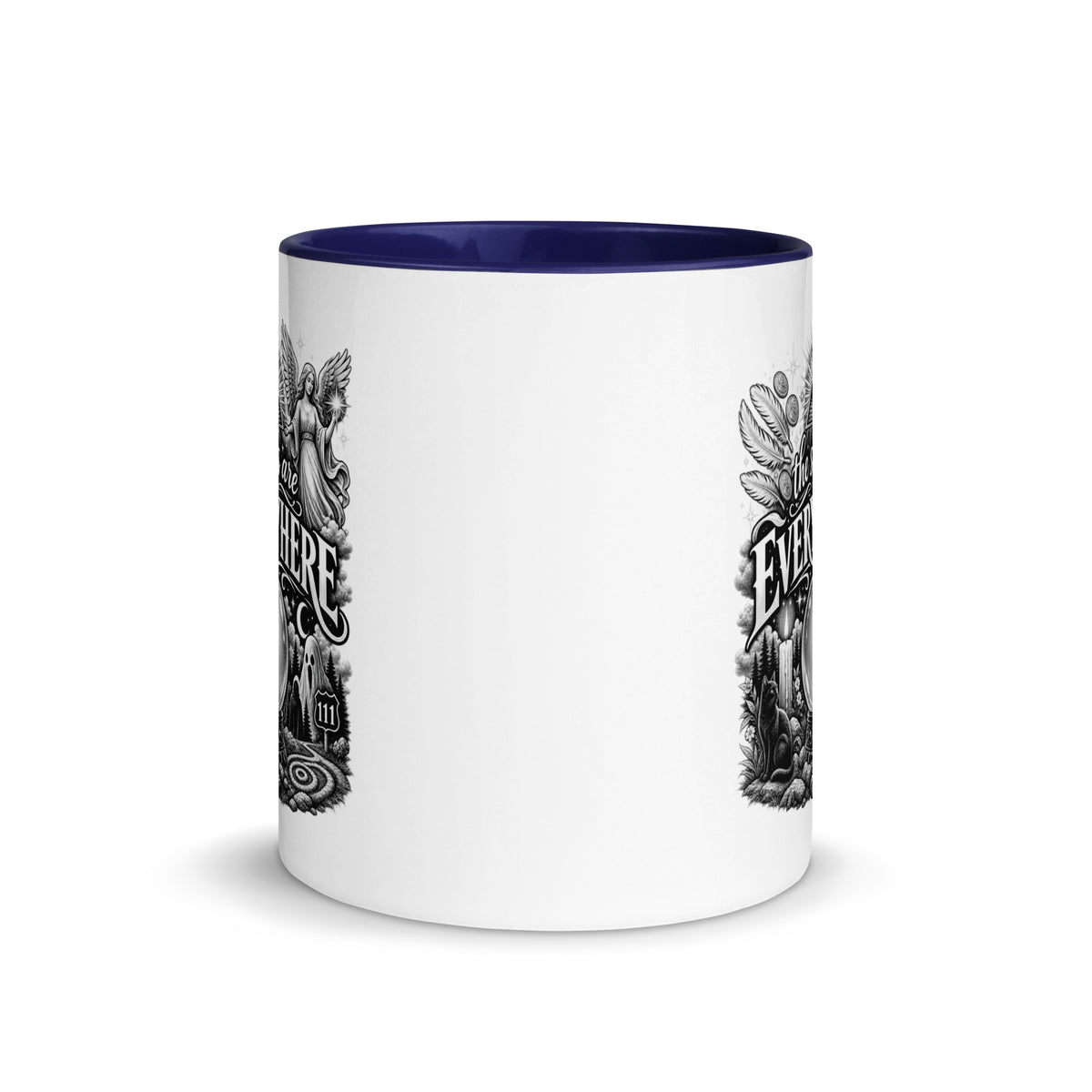 The Signs Are Everywhere design, an all-seeing eye, an angel, a crystal ball, a black cat and a 111 road sign, in black and white line art, on a dark blue ceramic mug with color inside, 11 oz, front view