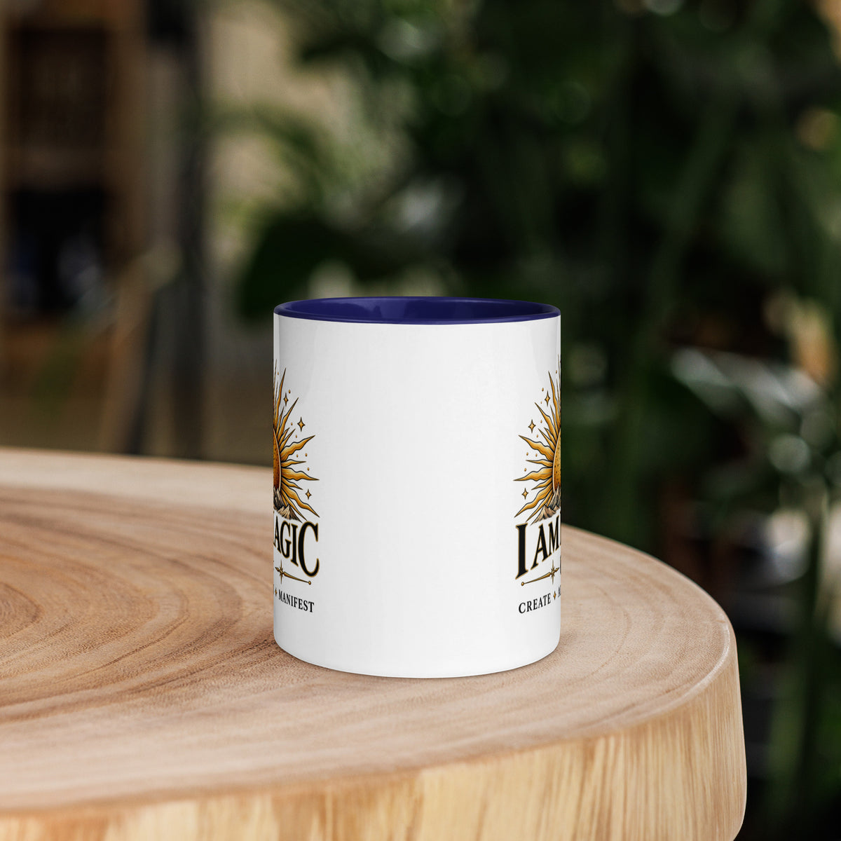 I Am Magic design with a gold sun face, Be Magical collection, on a white ceramic mug with a dark blue interior, 11 oz, front view