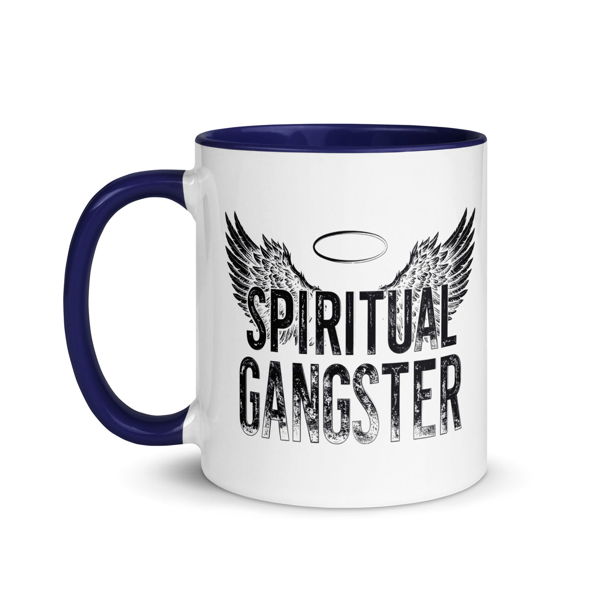Spiritual Gangster design with angel wings and a halo, on a white ceramic mug with a dark blue interior, 11 oz, left side view