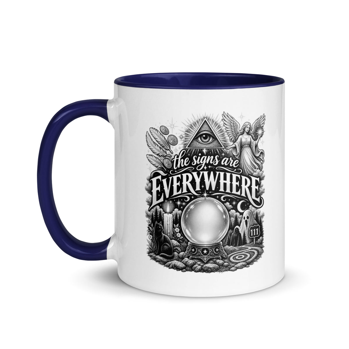 The Signs Are Everywhere design, an all-seeing eye, an angel, a crystal ball, a black cat and a 111 road sign, in black and white line art, on a dark blue ceramic mug with color inside, 11 oz, left side view