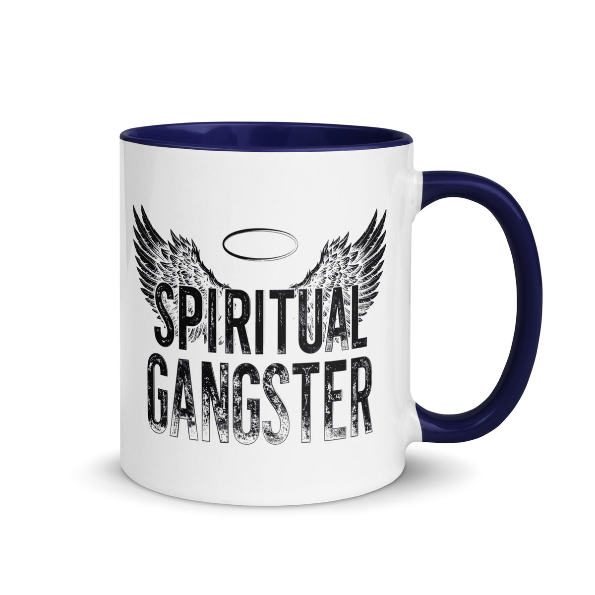 Spiritual Gangster design with angel wings and a halo, on a white ceramic mug with a dark blue interior, 11 oz, right side view