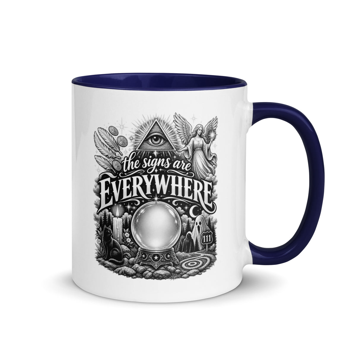 The Signs Are Everywhere design, an all-seeing eye, an angel, a crystal ball, a black cat and a 111 road sign, in black and white line art, on a dark blue ceramic mug with color inside, 11 oz, right side view