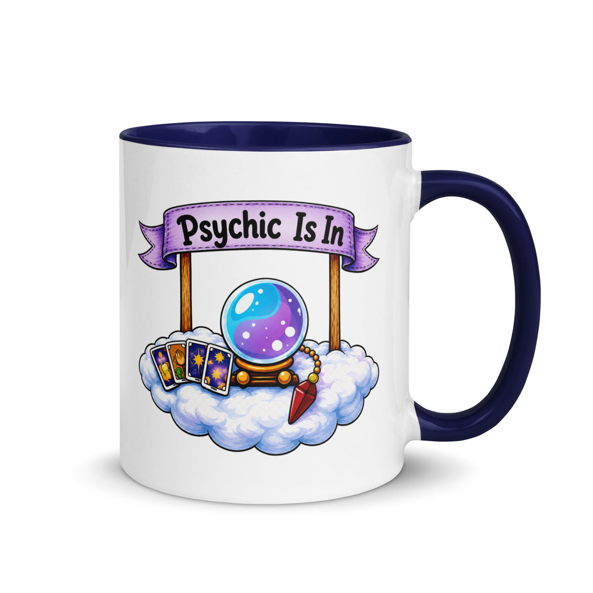 Psychic Is In design, playful floating clouds beneath a banner that reads Psychic Is Open for Business, on a white ceramic mug with a dark blue interior, 11 oz, right side view