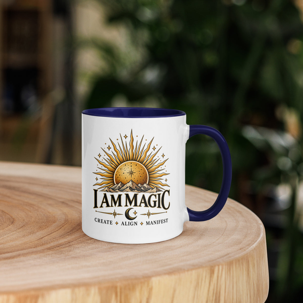 I Am Magic design with a gold sun face, Be Magical collection, on a white ceramic mug with a dark blue interior, 11 oz, right side view