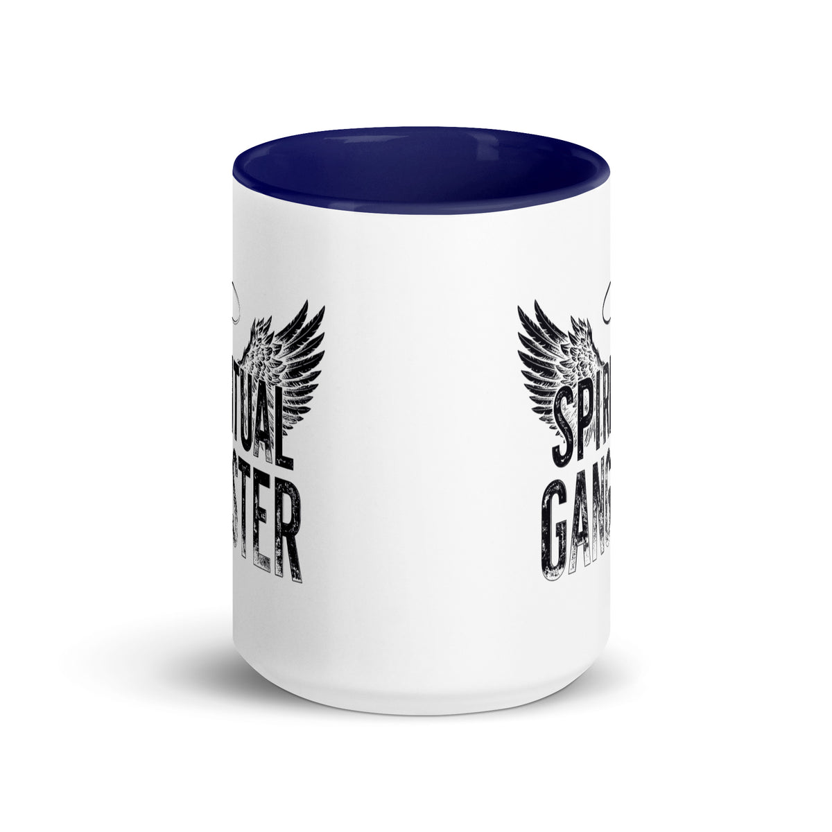 Spiritual Gangster design with angel wings and a halo, on a white ceramic mug with a dark blue interior, 15 oz, front view