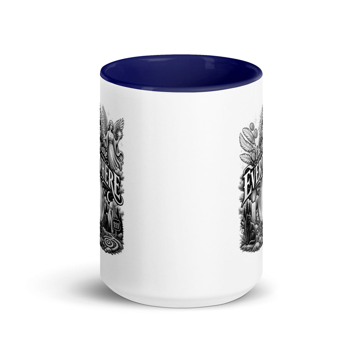 The Signs Are Everywhere design, an all-seeing eye, an angel, a crystal ball, a black cat and a 111 road sign, in black and white line art, on a dark blue ceramic mug with color inside, 15 oz, front view