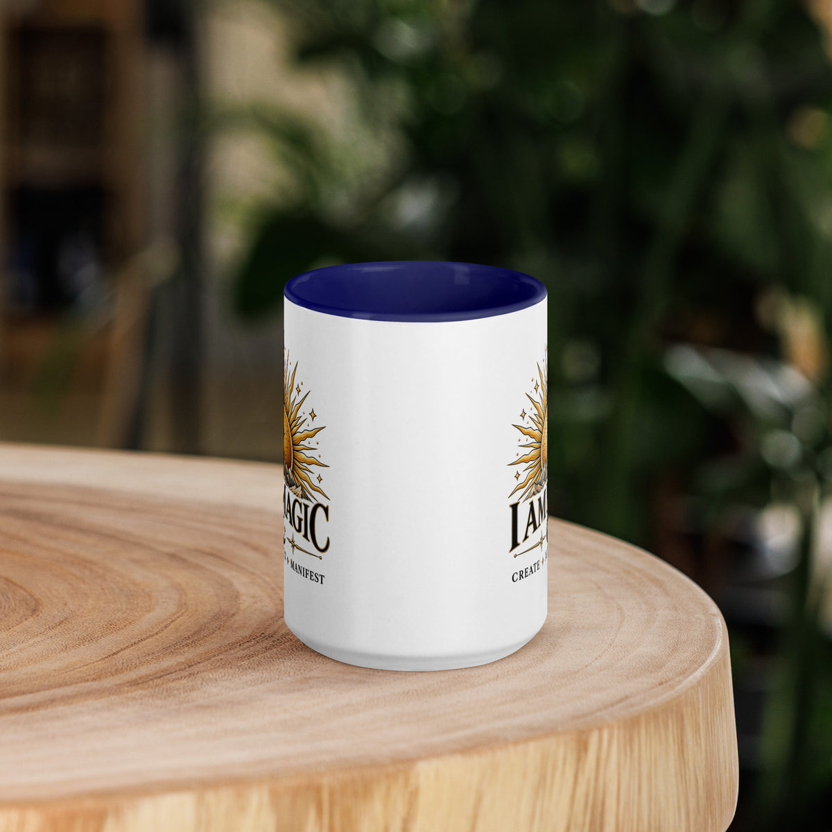 I Am Magic design with a gold sun face, Be Magical collection, on a white ceramic mug with a dark blue interior, 15 oz, front view