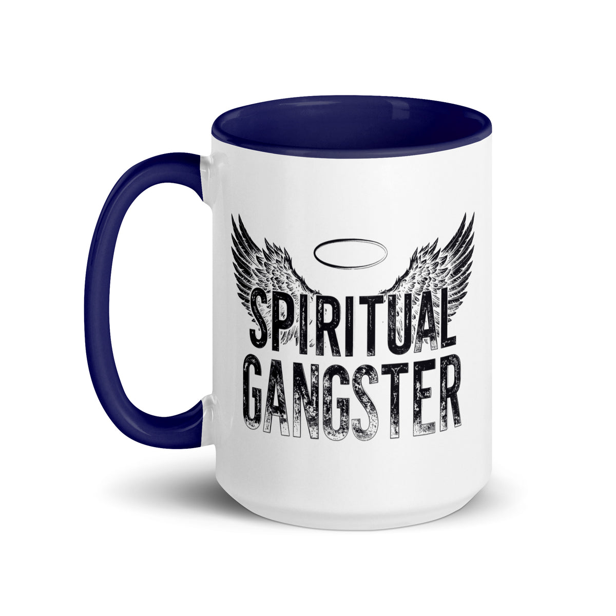 Spiritual Gangster design with angel wings and a halo, on a white ceramic mug with a dark blue interior, 15 oz, left side view