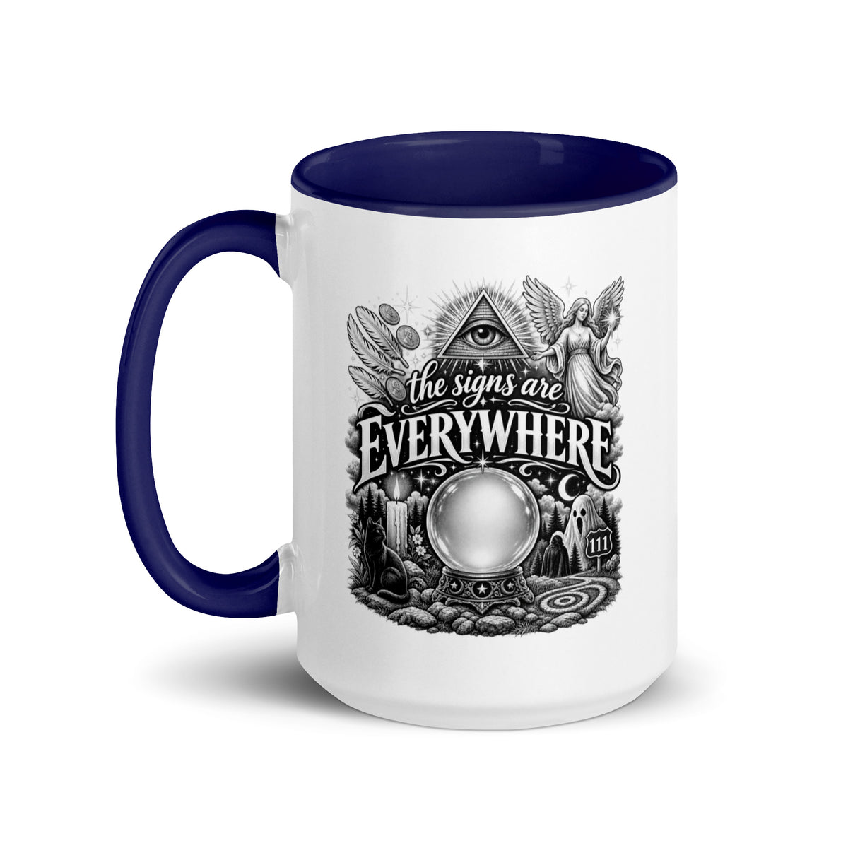 The Signs Are Everywhere design, an all-seeing eye, an angel, a crystal ball, a black cat and a 111 road sign, in black and white line art, on a dark blue ceramic mug with color inside, 15 oz, left side view