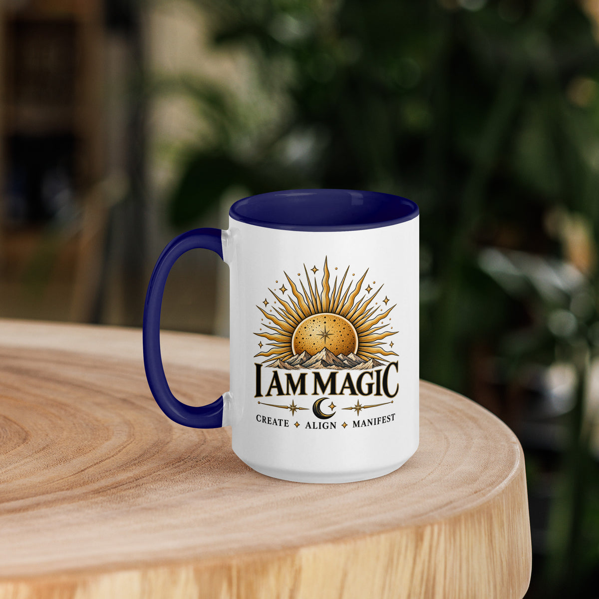 I Am Magic design with a gold sun face, Be Magical collection, on a white ceramic mug with a dark blue interior, 15 oz, left side view