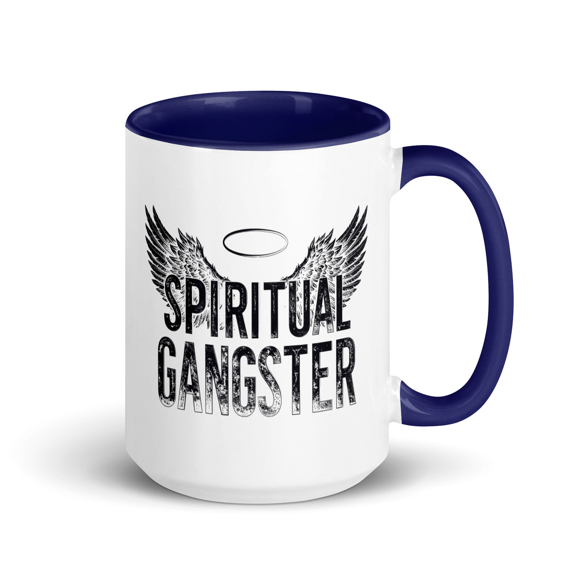 Spiritual Gangster design with angel wings and a halo, on a white ceramic mug with a dark blue interior, 15 oz, right side view