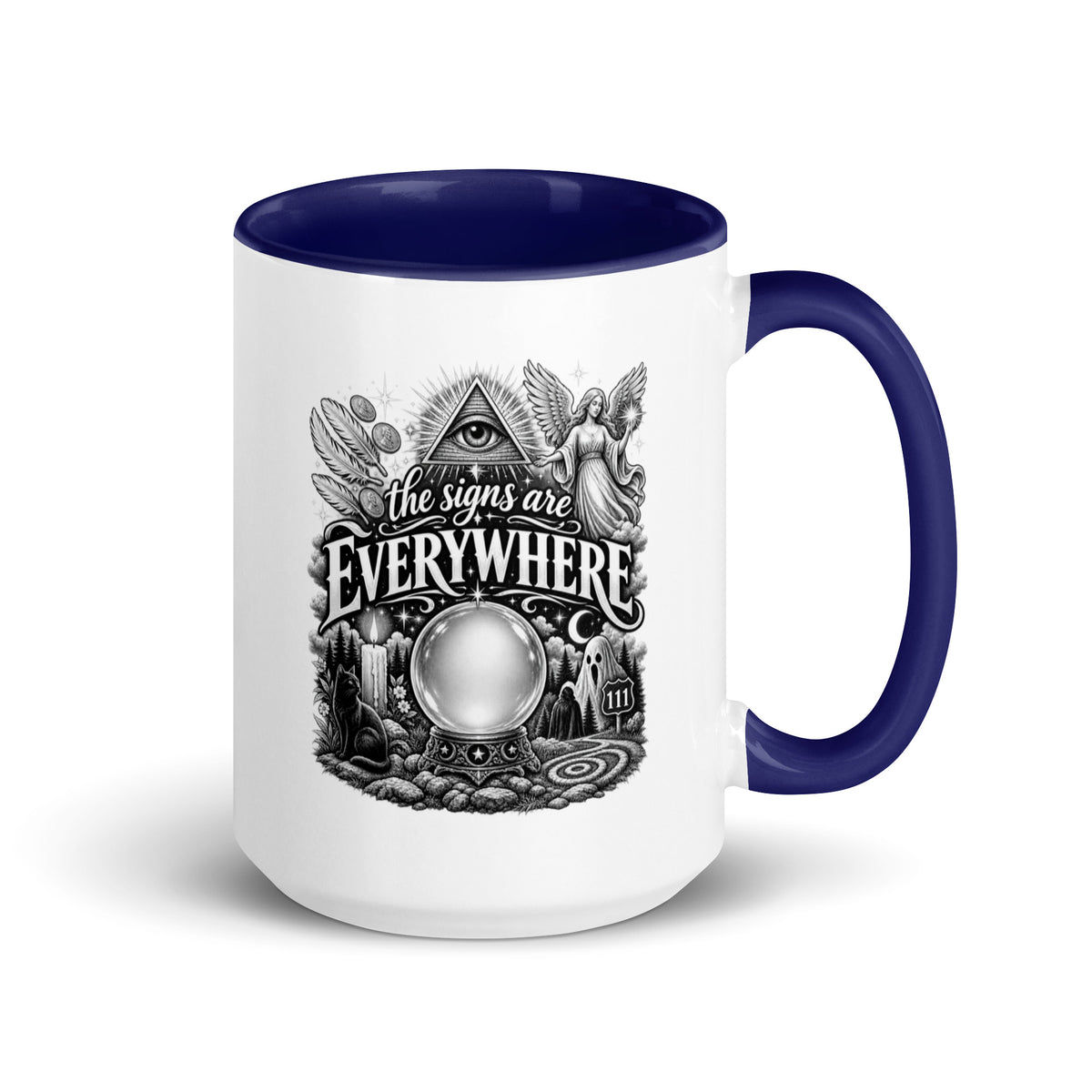 The Signs Are Everywhere design, an all-seeing eye, an angel, a crystal ball, a black cat and a 111 road sign, in black and white line art, on a dark blue ceramic mug with color inside, 15 oz, right side view