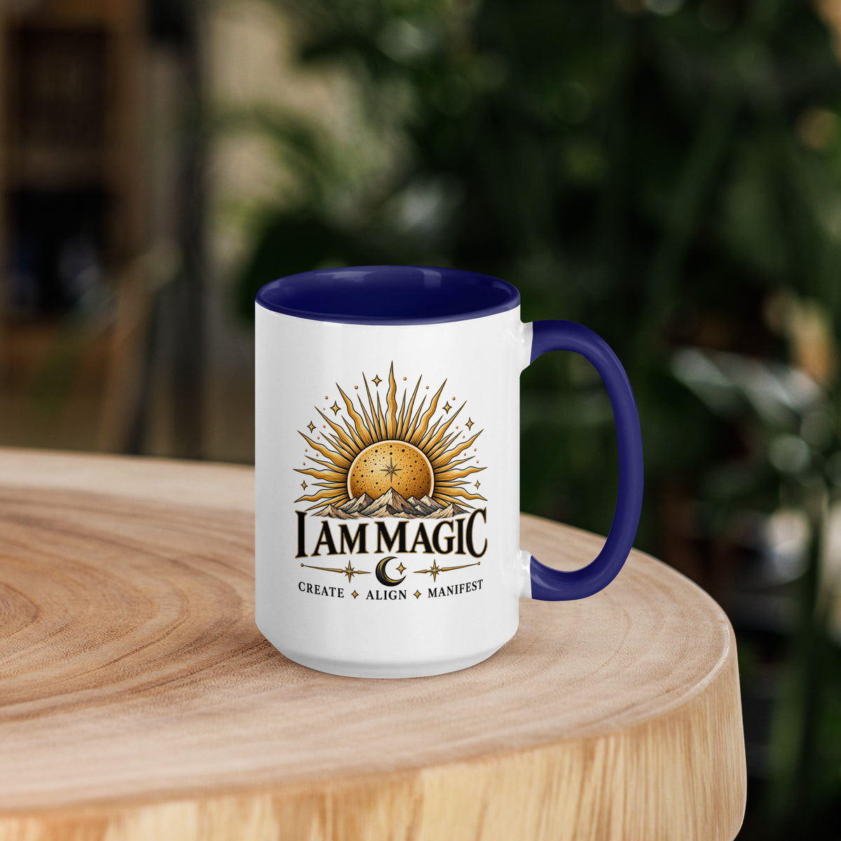 I Am Magic design with a gold sun face, Be Magical collection, on a white ceramic mug with a dark blue interior, 15 oz, right side view
