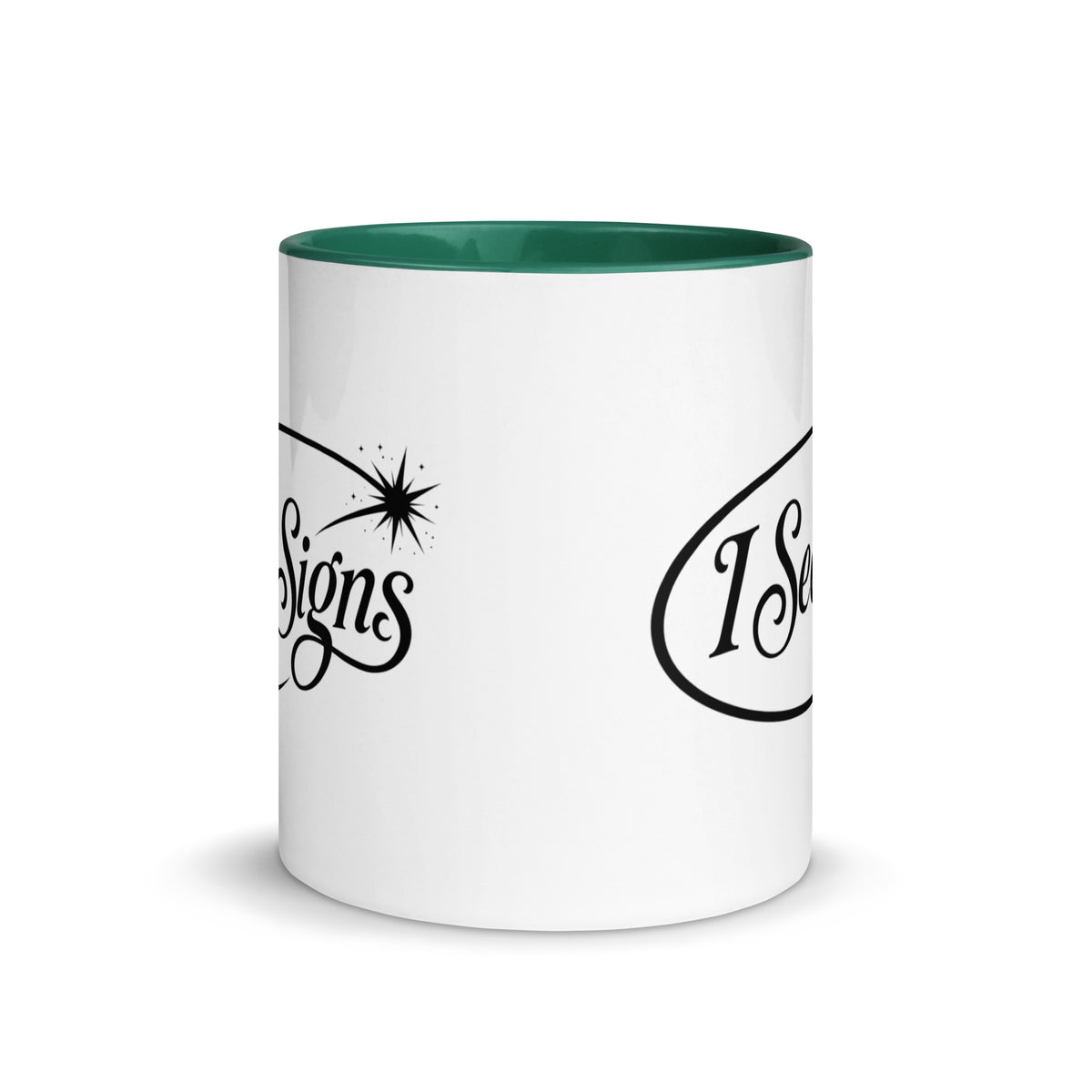 I See Signs design, the words set in black script inside a thin oval with a four-pointed star, on a white ceramic mug with a dark green interior, 11 oz, front view