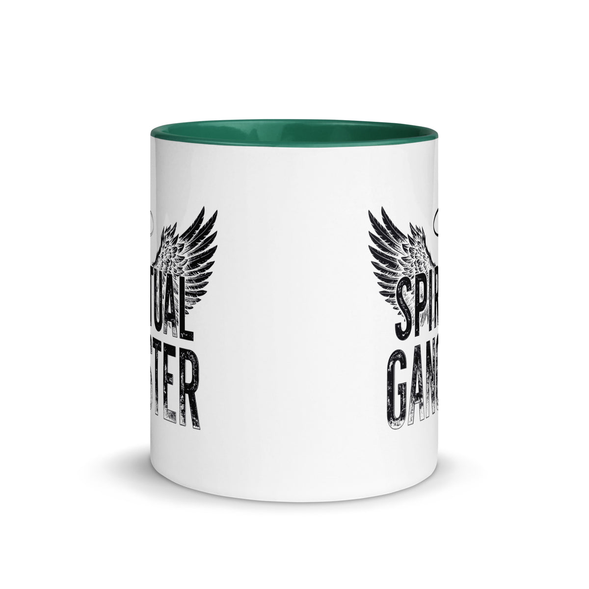 Spiritual Gangster design with angel wings and a halo, on a white ceramic mug with a dark green interior, 11 oz, front view