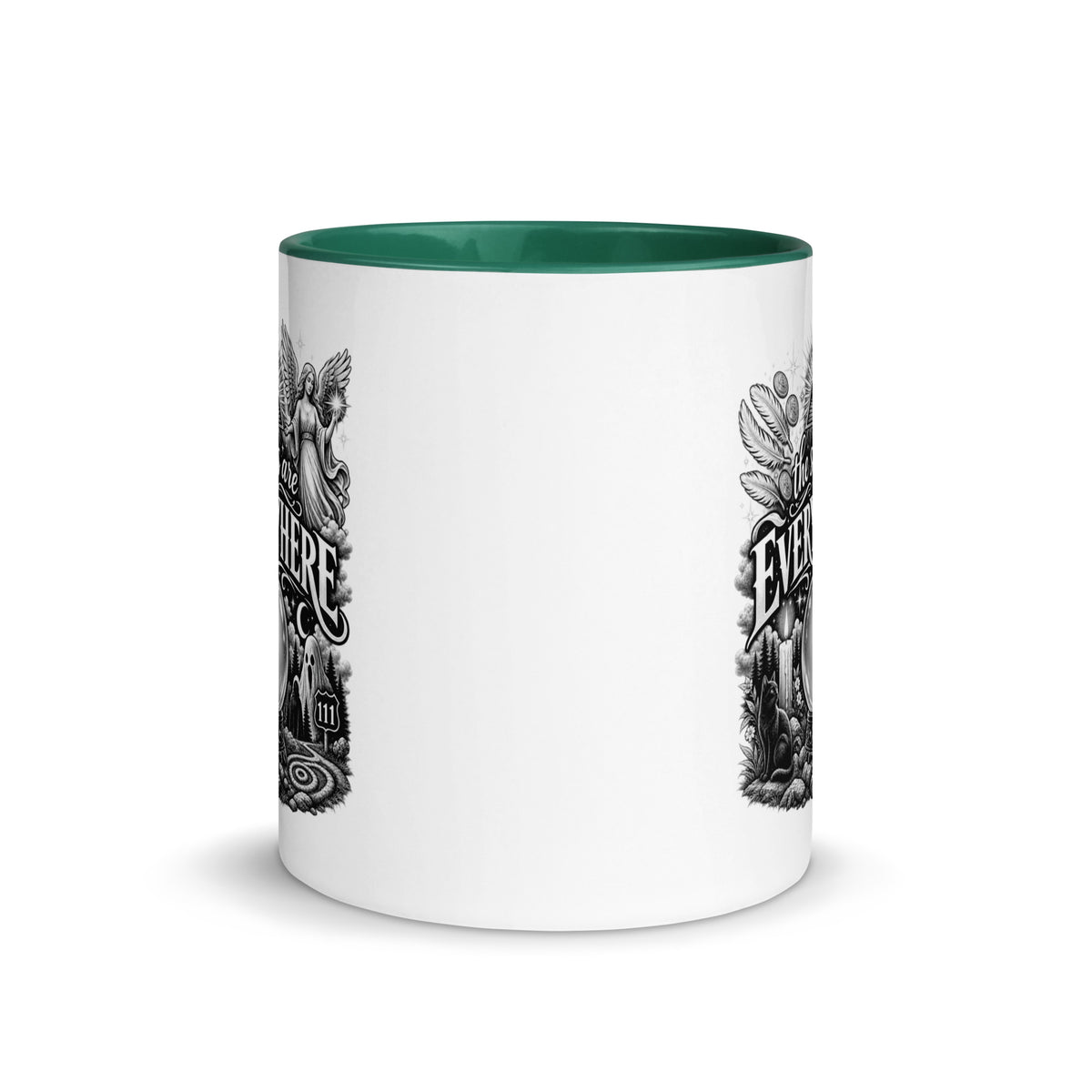 The Signs Are Everywhere design, an all-seeing eye, an angel, a crystal ball, a black cat and a 111 road sign, in black and white line art, on a dark green ceramic mug with color inside, 11 oz, front view