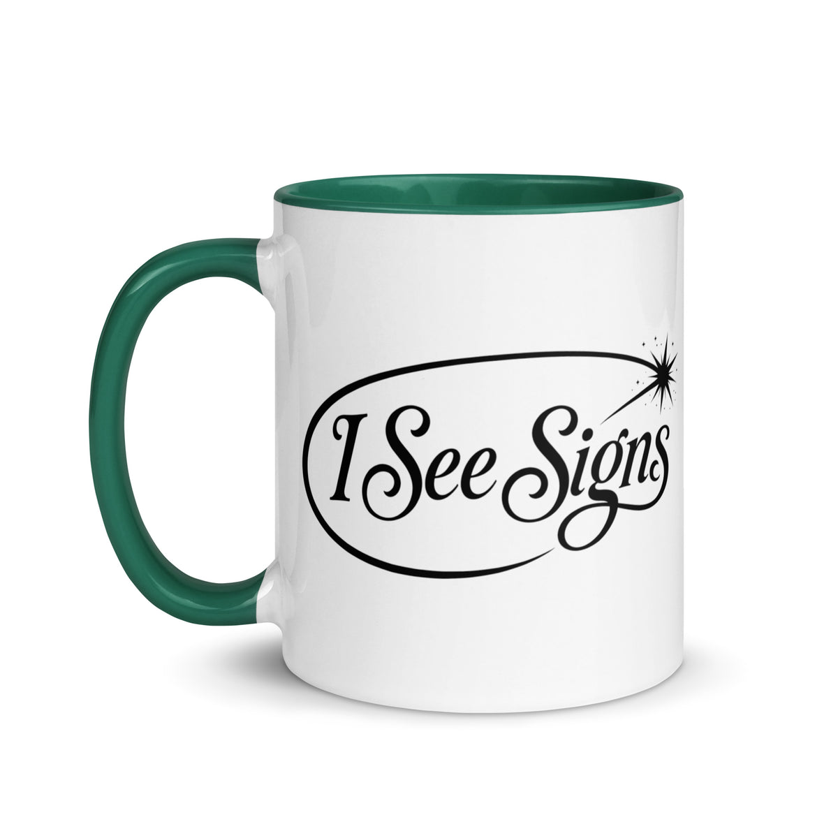 I See Signs design, the words set in black script inside a thin oval with a four-pointed star, on a white ceramic mug with a dark green interior, 11 oz, left side view