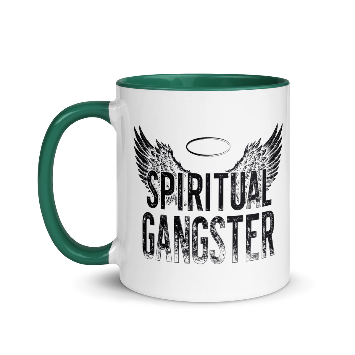 Spiritual Gangster design with angel wings and a halo, on a white ceramic mug with a dark green interior, 11 oz, left side view
