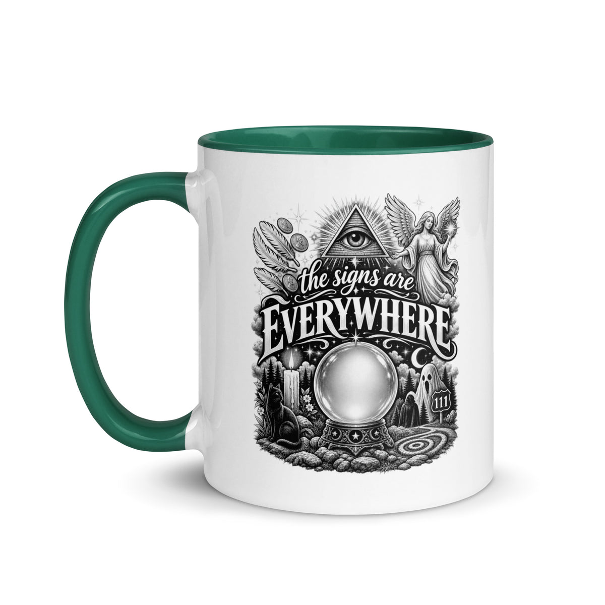 The Signs Are Everywhere design, an all-seeing eye, an angel, a crystal ball, a black cat and a 111 road sign, in black and white line art, on a dark green ceramic mug with color inside, 11 oz, left side view