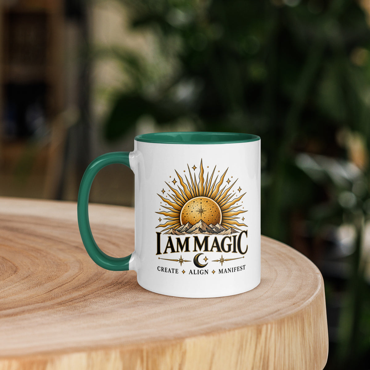 I Am Magic design with a gold sun face, Be Magical collection, on a white ceramic mug with a dark green interior, 11 oz, left side view