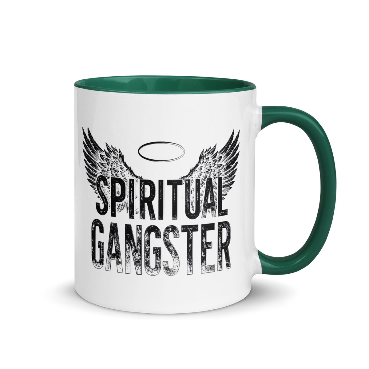 Spiritual Gangster design with angel wings and a halo, on a white ceramic mug with a dark green interior, 11 oz, right side view