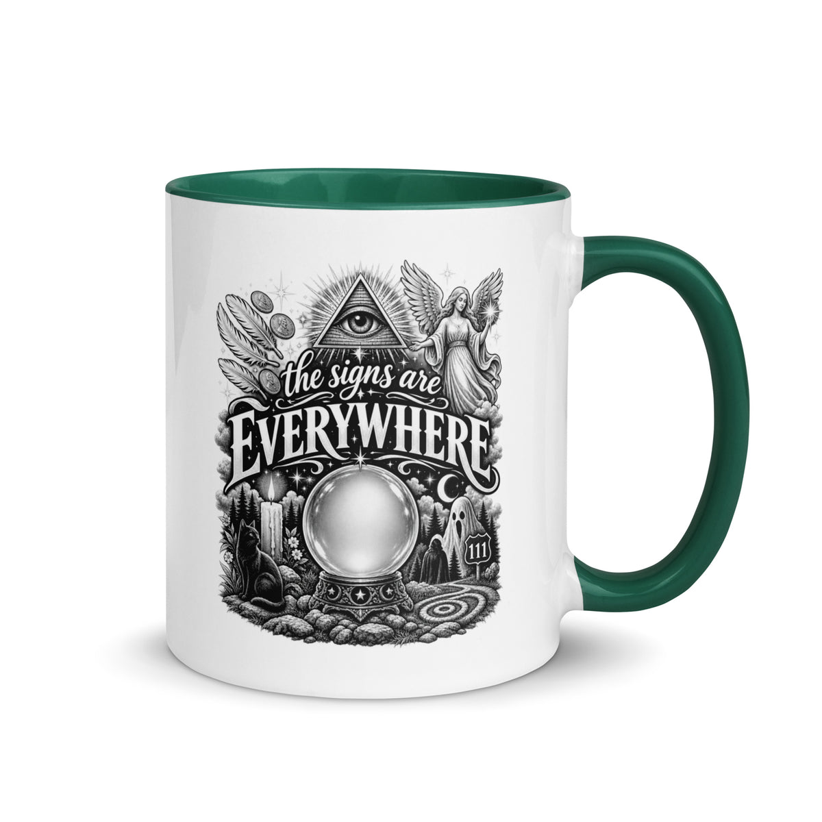 The Signs Are Everywhere design, an all-seeing eye, an angel, a crystal ball, a black cat and a 111 road sign, in black and white line art, on a dark green ceramic mug with color inside, 11 oz, right side view