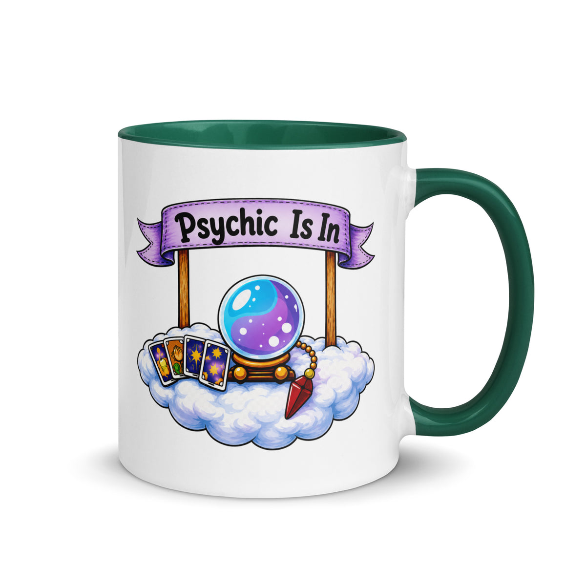Psychic Is In design, playful floating clouds beneath a banner that reads Psychic Is Open for Business, on a white ceramic mug with a dark green interior, 11 oz, right side view