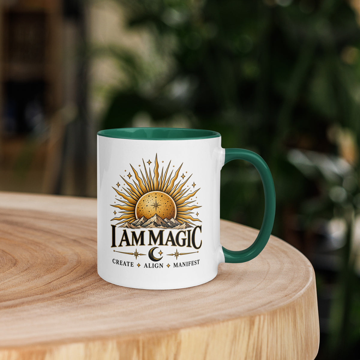 I Am Magic design with a gold sun face, Be Magical collection, on a white ceramic mug with a dark green interior, 11 oz, right side view