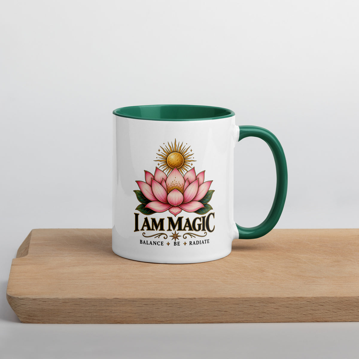 I Am Magic design with a gold lotus, Be Magical collection, on a white ceramic mug with a dark green interior, 11 oz, right side view