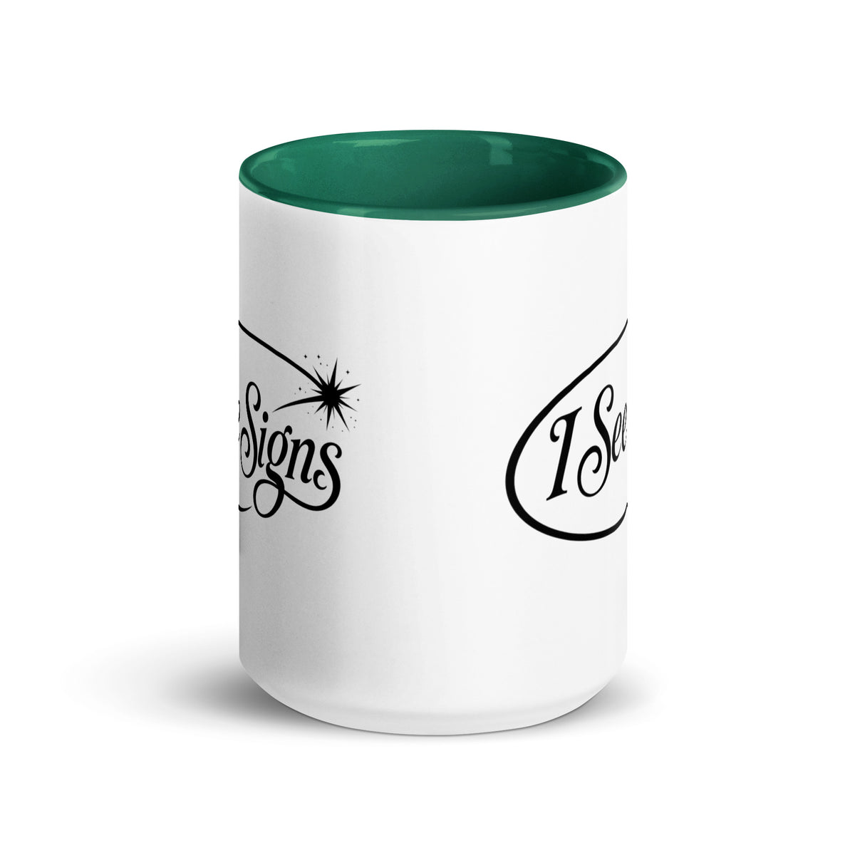 I See Signs design, the words set in black script inside a thin oval with a four-pointed star, on a white ceramic mug with a dark green interior, 15 oz, front view