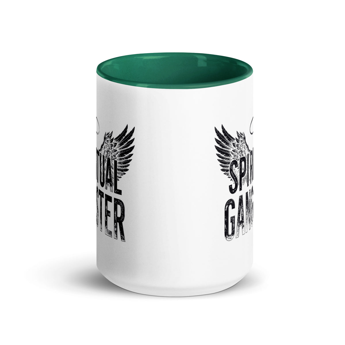 Spiritual Gangster design with angel wings and a halo, on a white ceramic mug with a dark green interior, 15 oz, front view