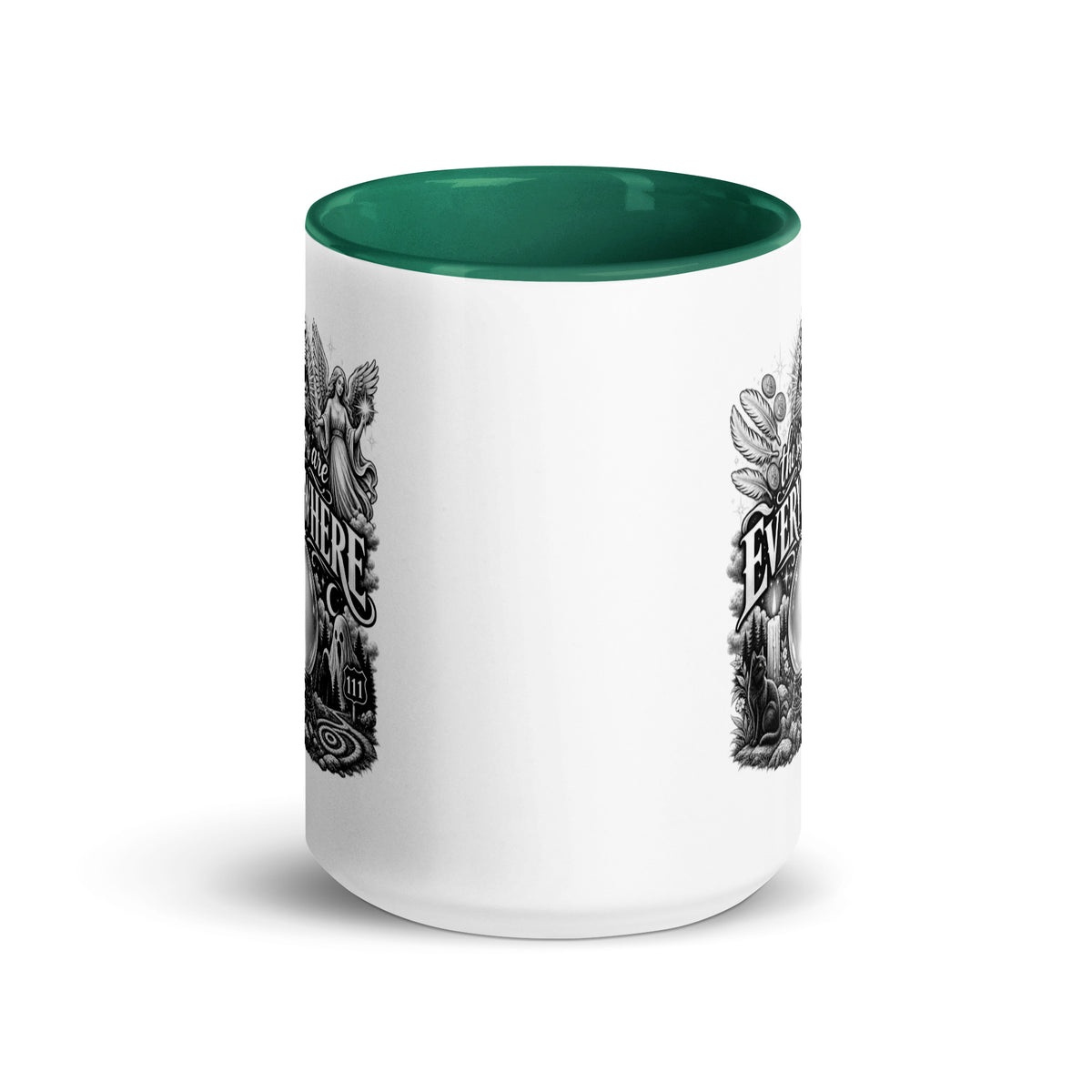 The Signs Are Everywhere design, an all-seeing eye, an angel, a crystal ball, a black cat and a 111 road sign, in black and white line art, on a dark green ceramic mug with color inside, 15 oz, front view