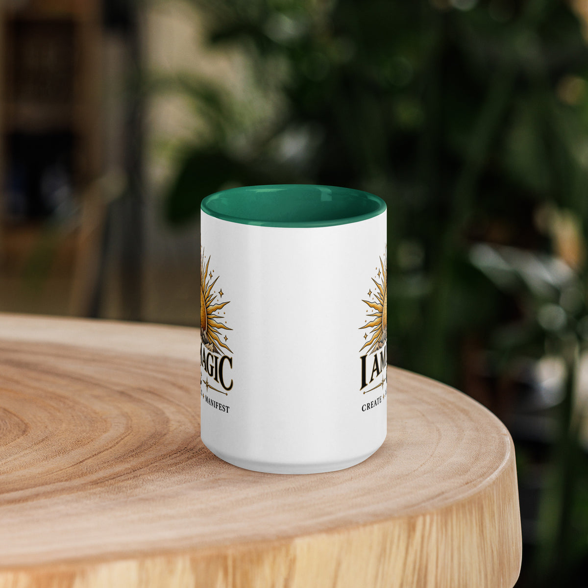 I Am Magic design with a gold sun face, Be Magical collection, on a white ceramic mug with a dark green interior, 15 oz, front view