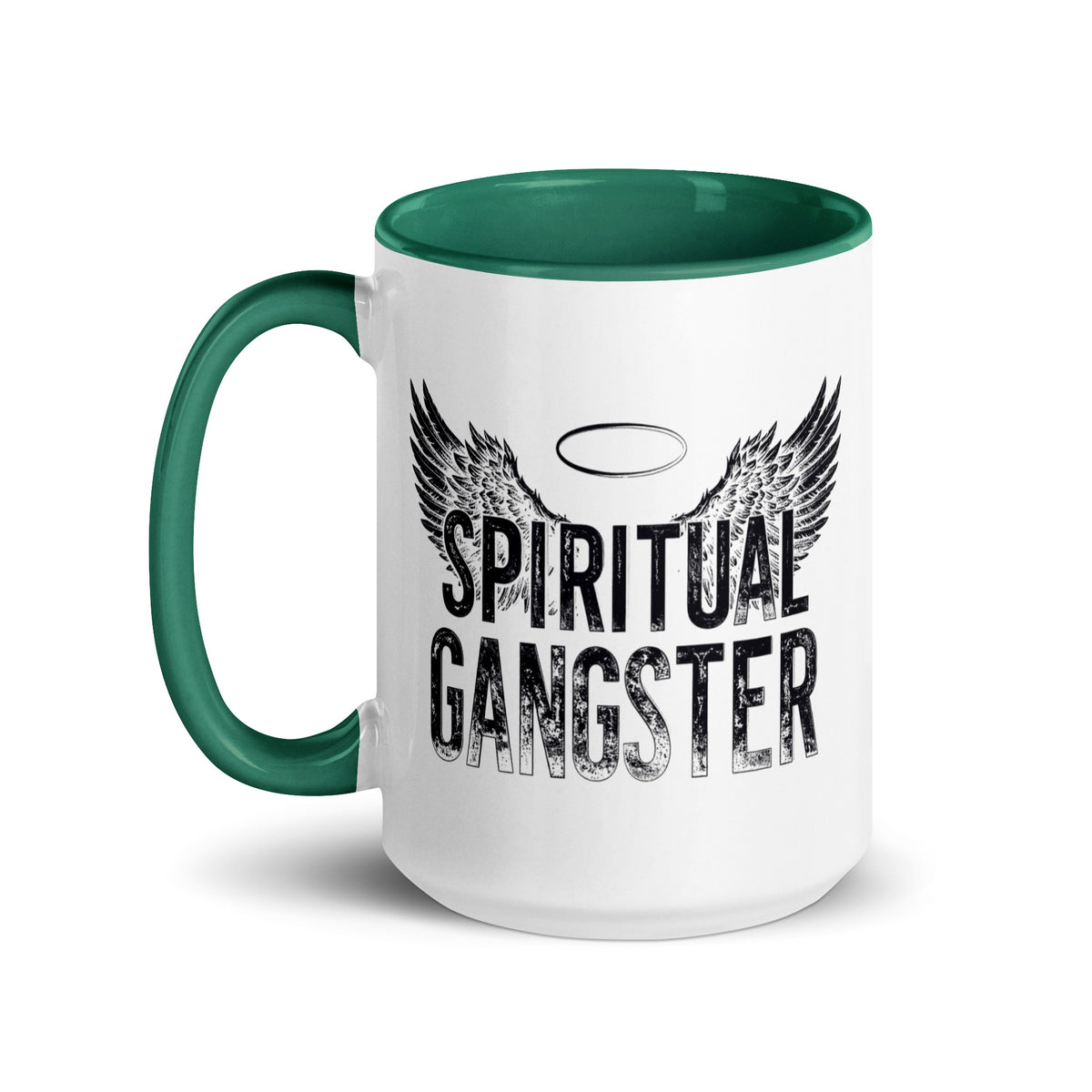 Spiritual Gangster design with angel wings and a halo, on a white ceramic mug with a dark green interior, 15 oz, left side view