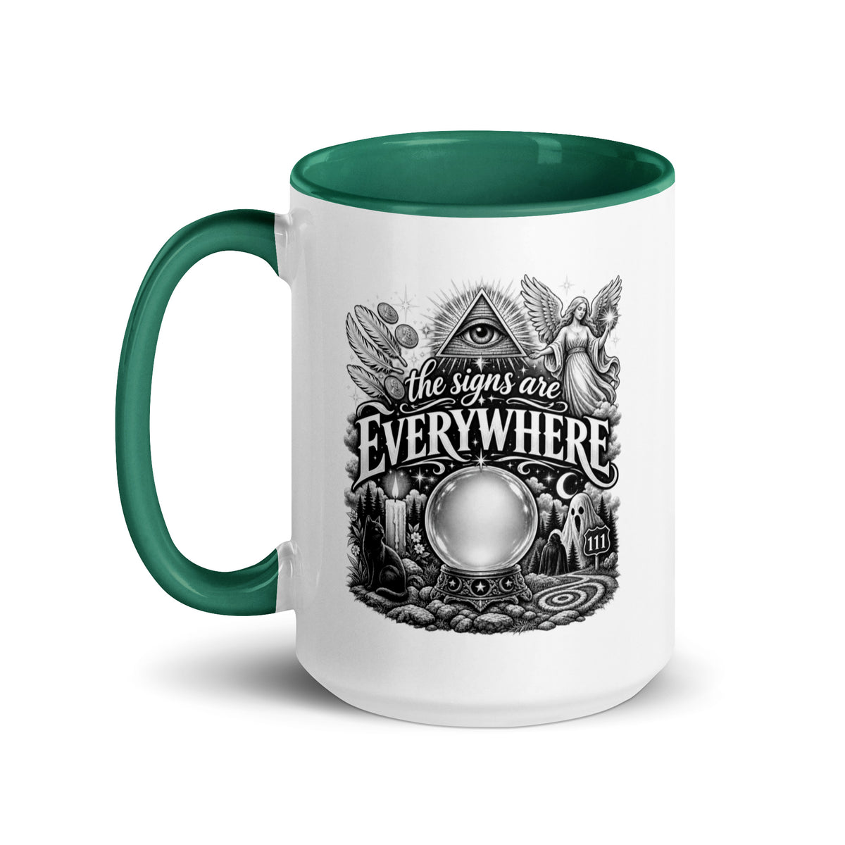 The Signs Are Everywhere design, an all-seeing eye, an angel, a crystal ball, a black cat and a 111 road sign, in black and white line art, on a dark green ceramic mug with color inside, 15 oz, left side view