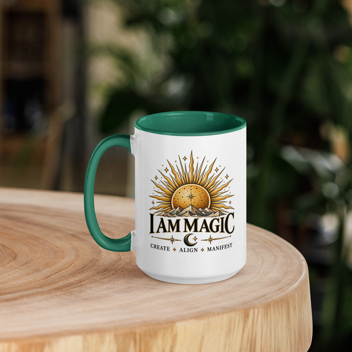 I Am Magic design with a gold sun face, Be Magical collection, on a white ceramic mug with a dark green interior, 15 oz, left side view