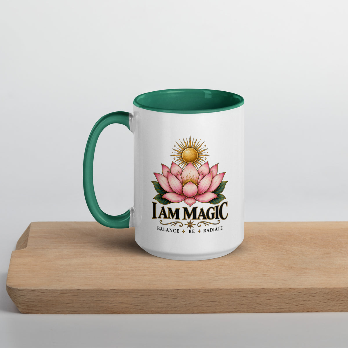 I Am Magic design with a gold lotus, Be Magical collection, on a white ceramic mug with a dark green interior, 15 oz, left side view