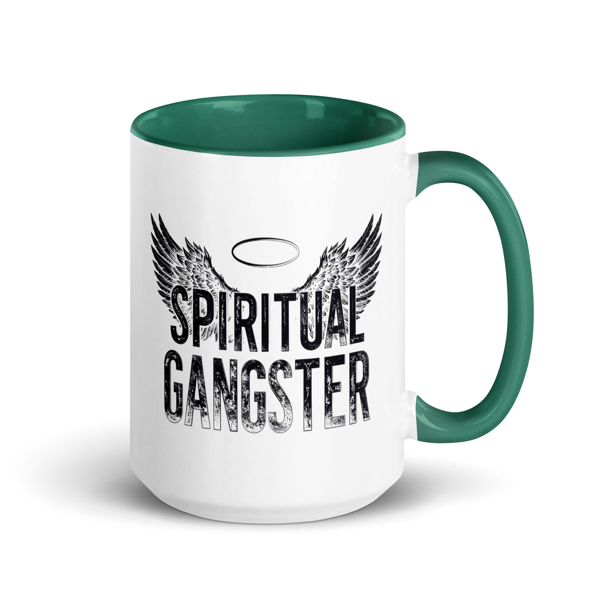 Spiritual Gangster design with angel wings and a halo, on a white ceramic mug with a dark green interior, 15 oz, right side view