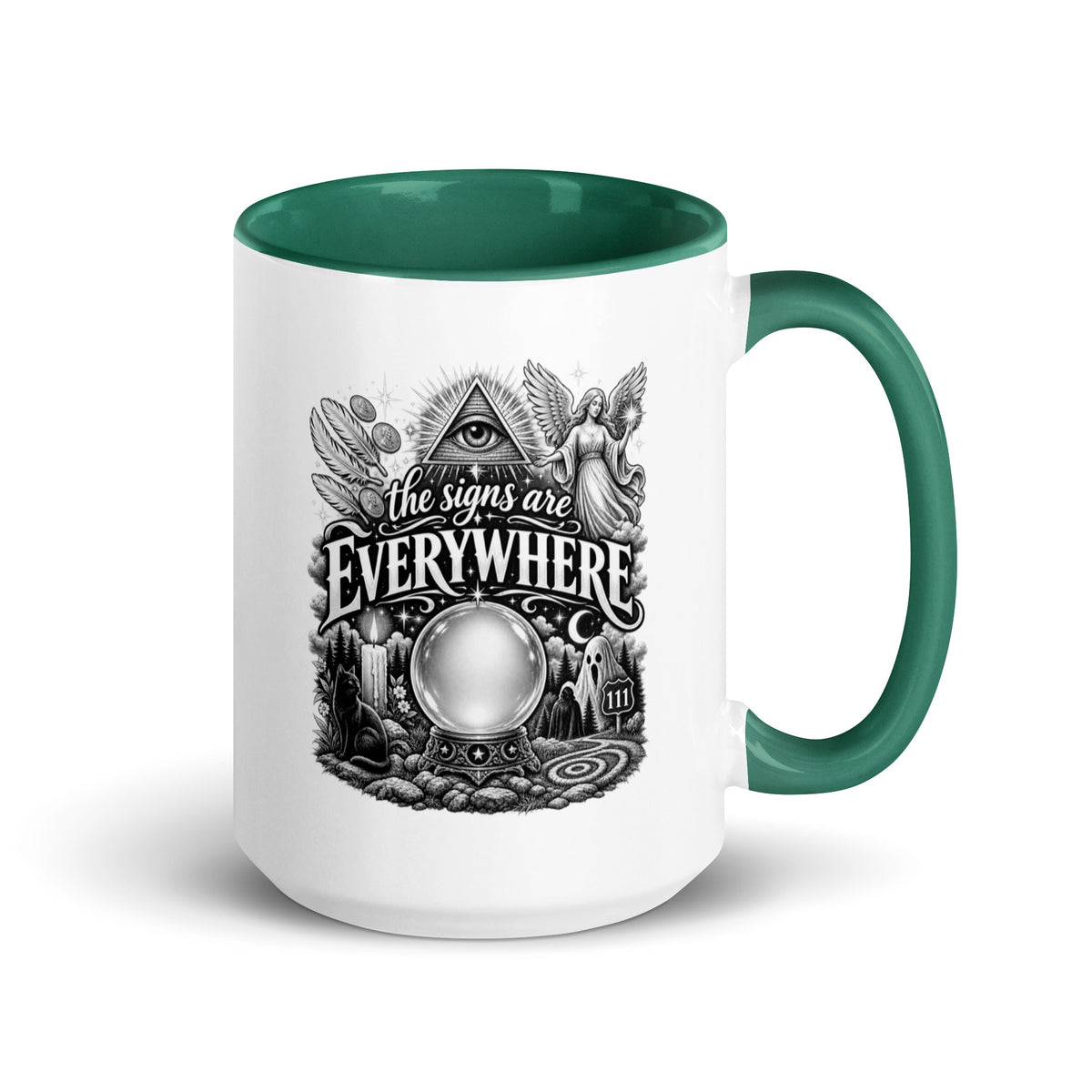 The Signs Are Everywhere design, an all-seeing eye, an angel, a crystal ball, a black cat and a 111 road sign, in black and white line art, on a dark green ceramic mug with color inside, 15 oz, right side view