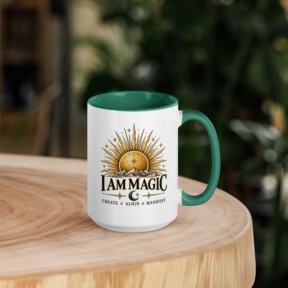 I Am Magic design with a gold sun face, Be Magical collection, on a white ceramic mug with a dark green interior, 15 oz, right side view