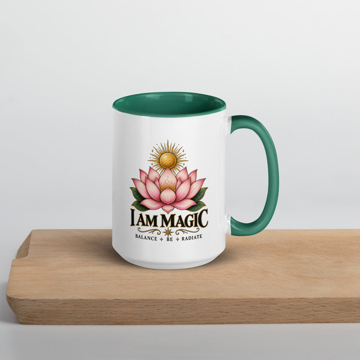I Am Magic design with a gold lotus, Be Magical collection, on a white ceramic mug with a dark green interior, 15 oz, right side view