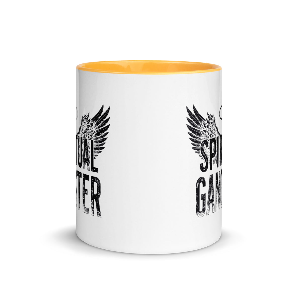 Spiritual Gangster design with angel wings and a halo, on a white ceramic mug with a golden yellow interior, 11 oz, front view