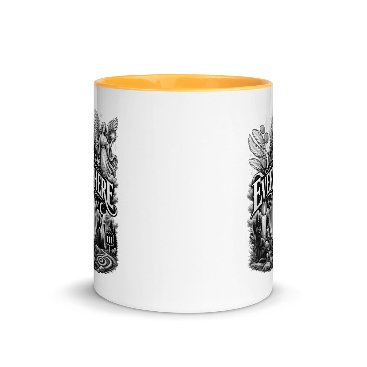 The Signs Are Everywhere design, an all-seeing eye, an angel, a crystal ball, a black cat and a 111 road sign, in black and white line art, on a golden yellow ceramic mug with color inside, 11 oz, front view