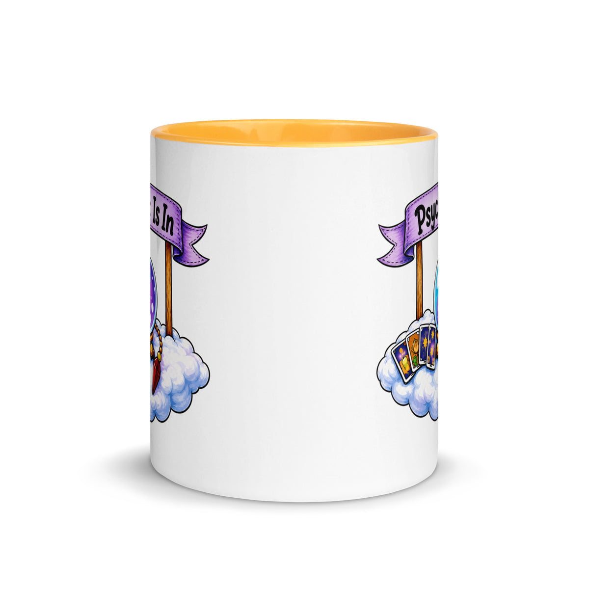 Psychic Is In design, playful floating clouds beneath a banner that reads Psychic Is Open for Business, on a white ceramic mug with a golden yellow interior, 11 oz, front view