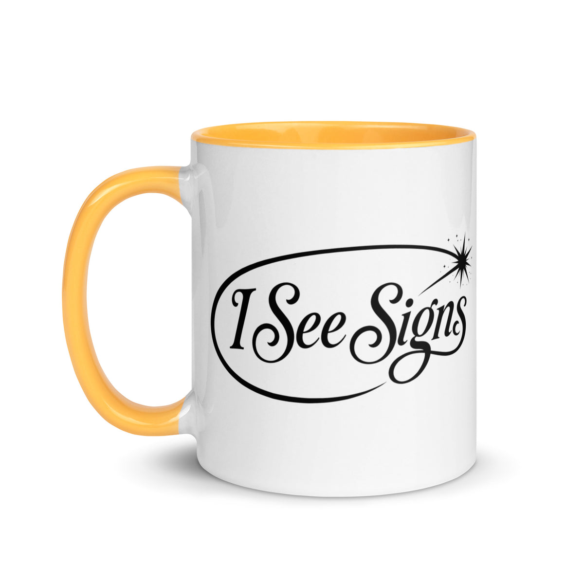 I See Signs design, the words set in black script inside a thin oval with a four-pointed star, on a white ceramic mug with a golden yellow interior, 11 oz, left side view