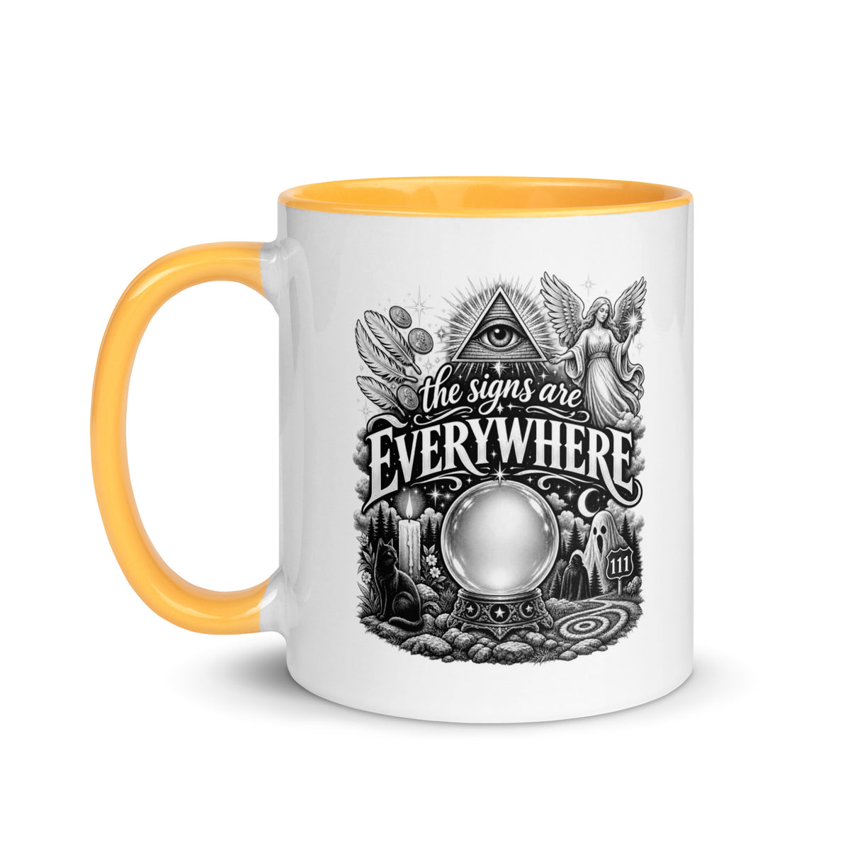 The Signs Are Everywhere design, an all-seeing eye, an angel, a crystal ball, a black cat and a 111 road sign, in black and white line art, on a golden yellow ceramic mug with color inside, 11 oz, left side view