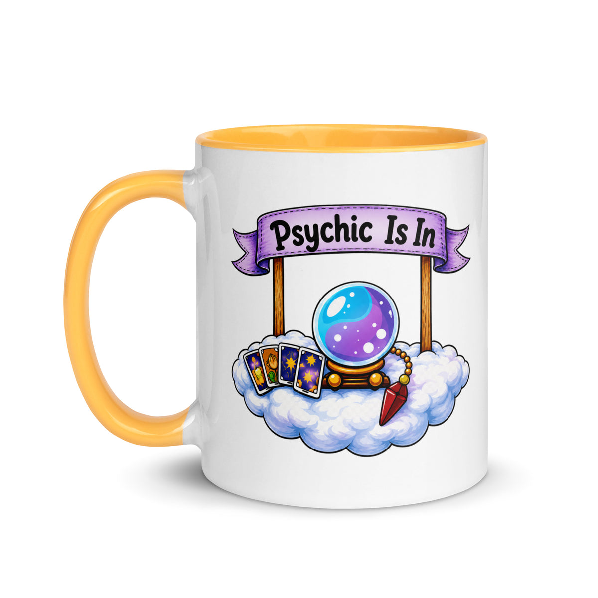 Psychic Is In design, playful floating clouds beneath a banner that reads Psychic Is Open for Business, on a white ceramic mug with a golden yellow interior, 11 oz, left side view