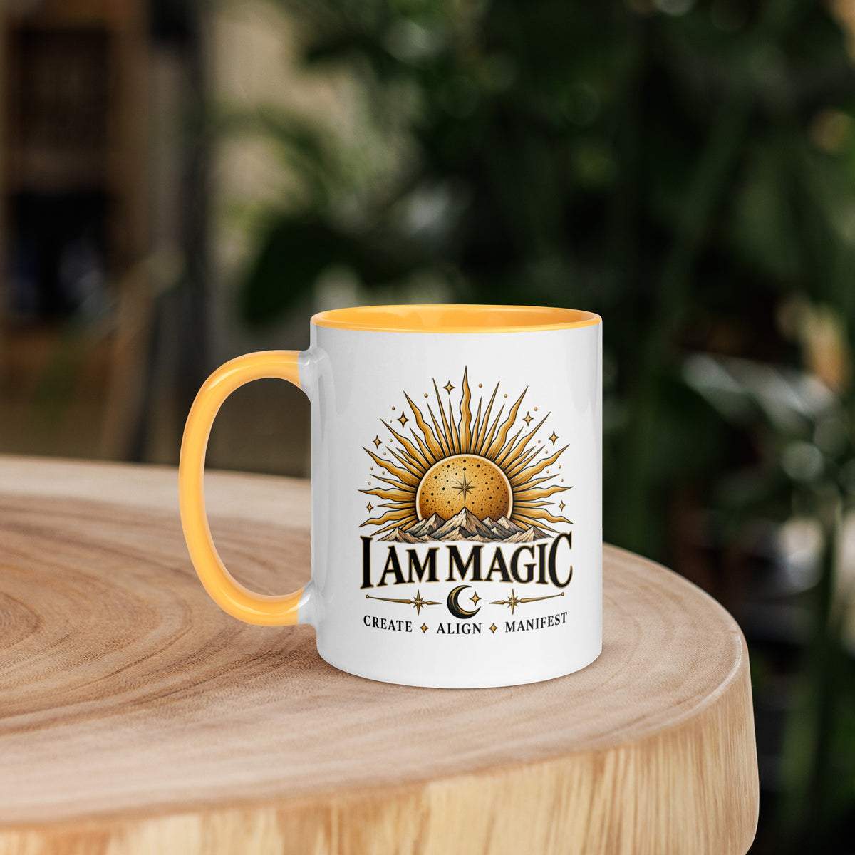 I Am Magic design with a gold sun face, Be Magical collection, on a white ceramic mug with a golden yellow interior, 11 oz, left side view